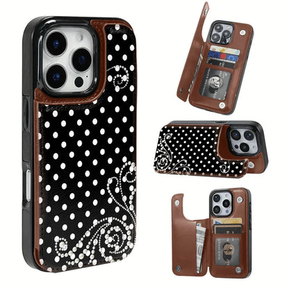 Pearl Pattern With White Polka Dots Textured Leather Card Holder Phone Case-Compatible With The 17 Pro Max/Air/16/15/14/13/12/11 Series, As Well As The S22/S23/S24/25 Series. An Ideal Gift Choice Fo