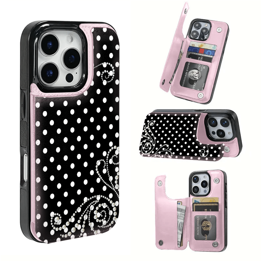 Pearl Pattern With White Polka Dots Textured Leather Card Holder Phone Case-Compatible With The 17 Pro Max/Air/16/15/14/13/12/11 Series, As Well As The S22/S23/S24/25 Series. An Ideal Gift Choice Fo