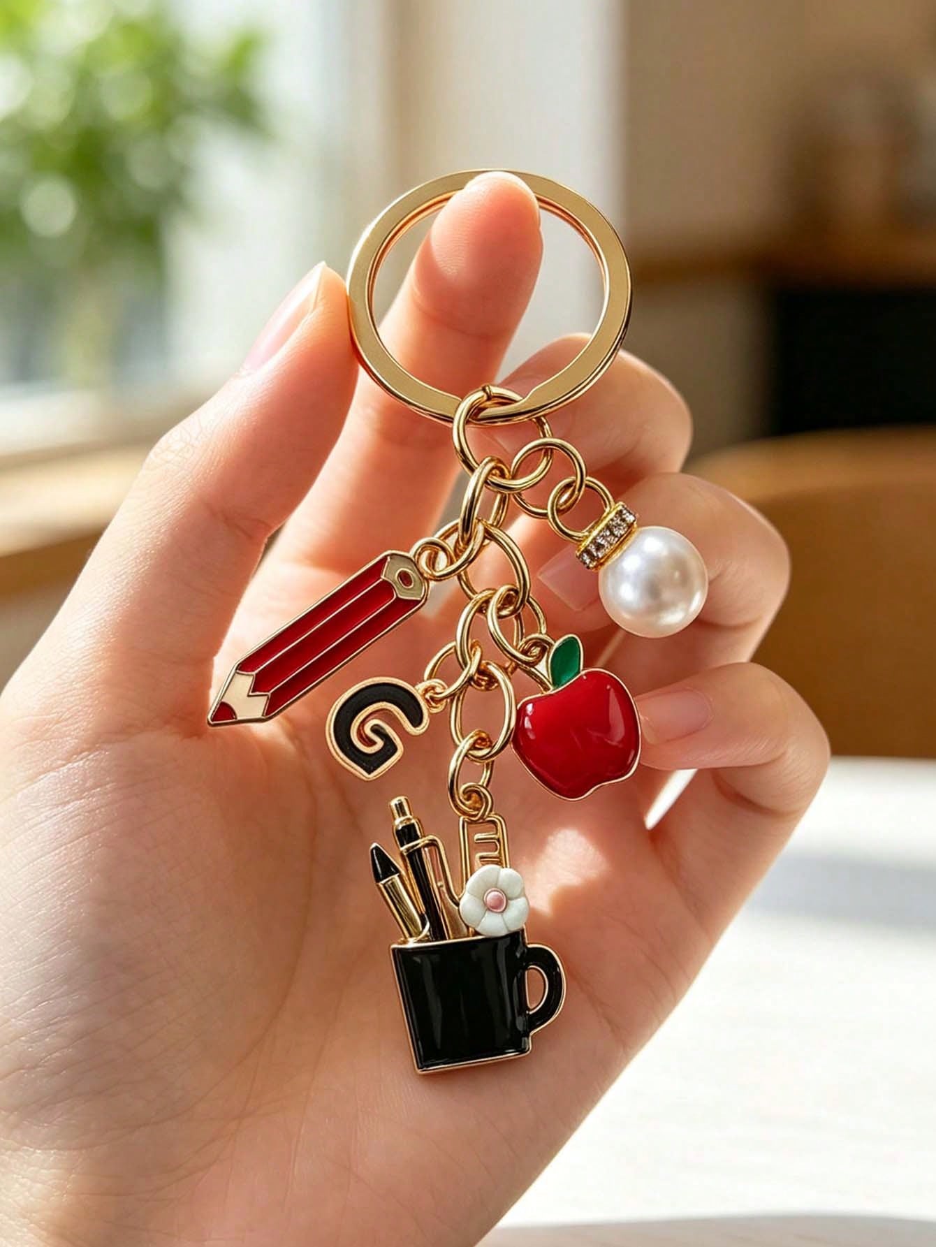 Pencil Apple Teacher Keychain With Initial, Cute Bag Charm, Teacher Appreciation Ornament, Ideal Gift For Teacher's Day, Graduation & Back To School
