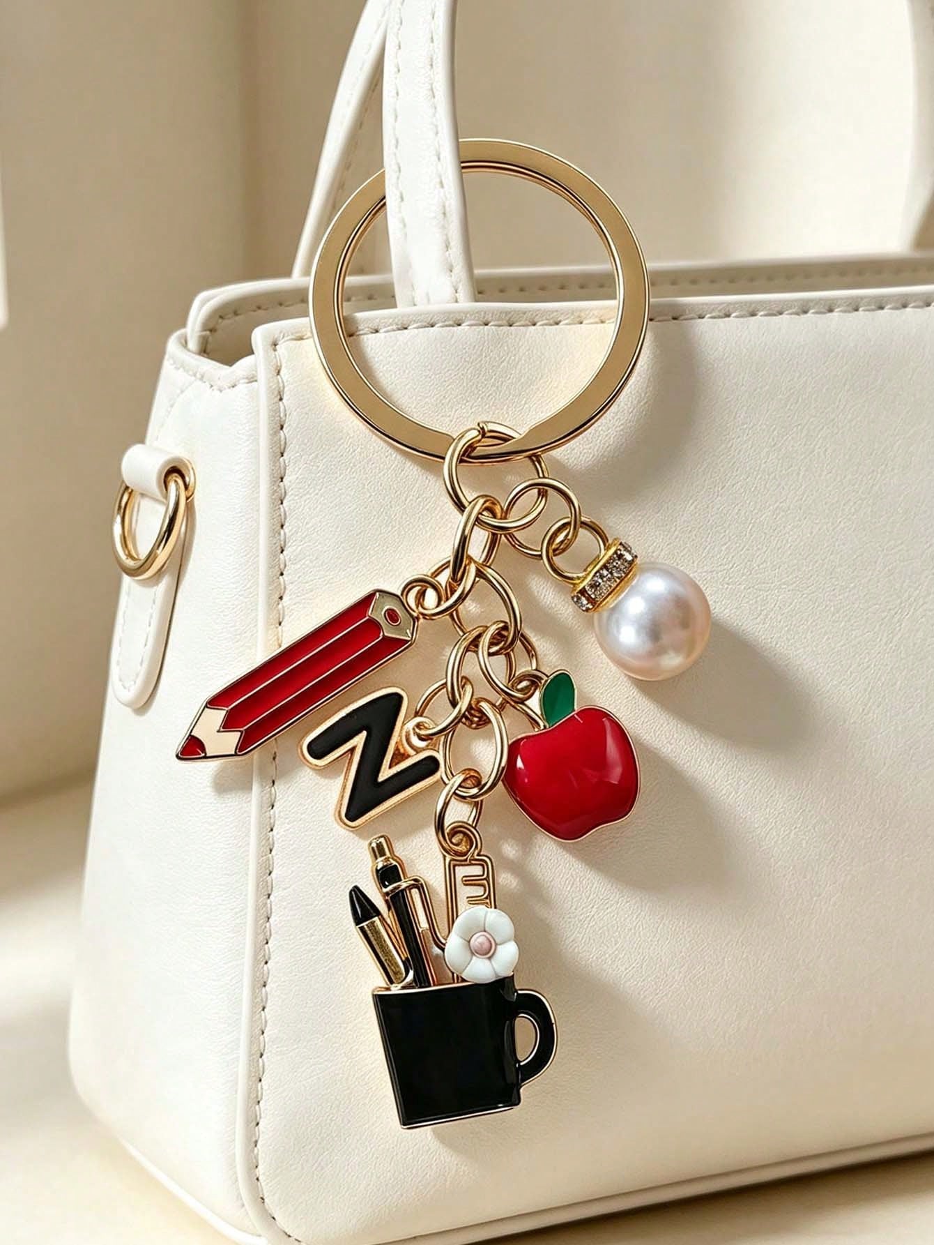 Pencil Apple Teacher Keychain With Initial, Cute Bag Charm, Teacher Appreciation Ornament, Ideal Gift For Teacher's Day, Graduation & Back To School