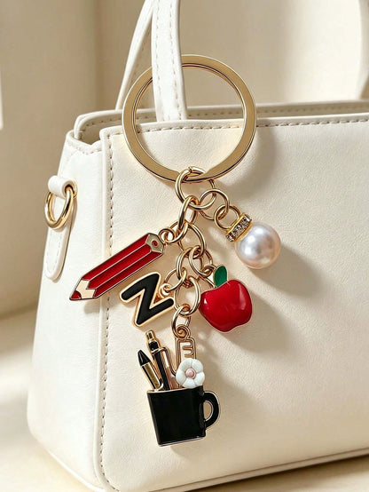 Pencil Apple Teacher Keychain With Initial, Cute Bag Charm, Teacher Appreciation Ornament, Ideal Gift For Teacher's Day, Graduation & Back To School