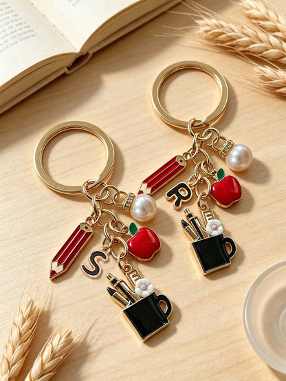 Pencil Apple Teacher Keychain With Initial, Cute Bag Charm, Teacher Appreciation Ornament, Ideal Gift For Teacher's Day, Graduation & Back To School