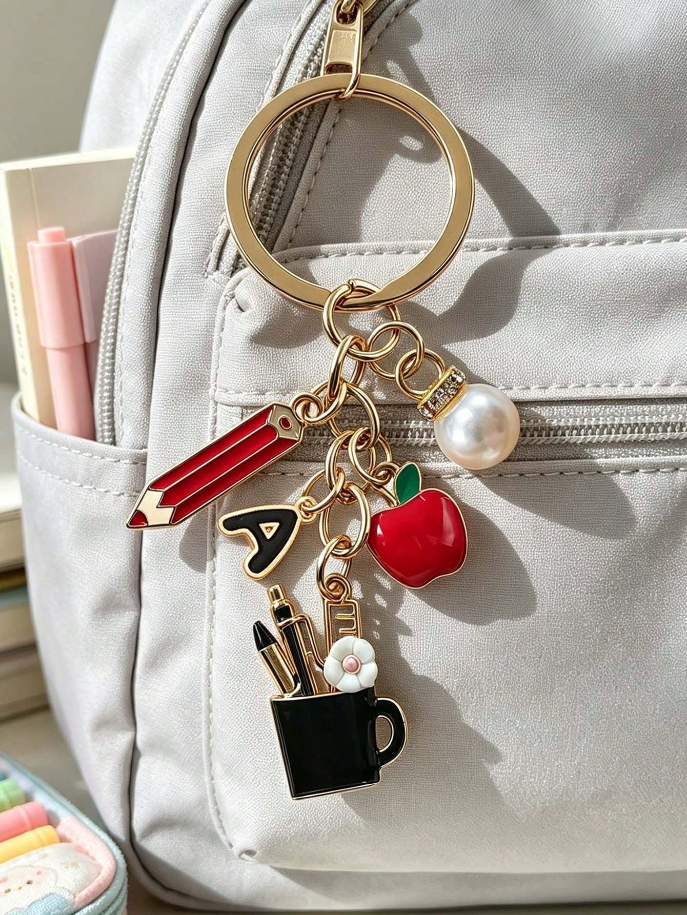 Pencil Apple Teacher Keychain With Initial, Cute Bag Charm, Teacher Appreciation Ornament, Ideal Gift For Teacher's Day, Graduation & Back To School