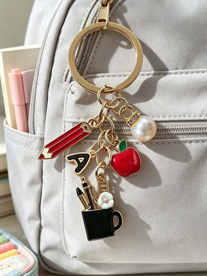 Pencil Apple Teacher Keychain With Initial, Cute Bag Charm, Teacher Appreciation Ornament, Ideal Gift For Teacher's Day, Graduation & Back To School