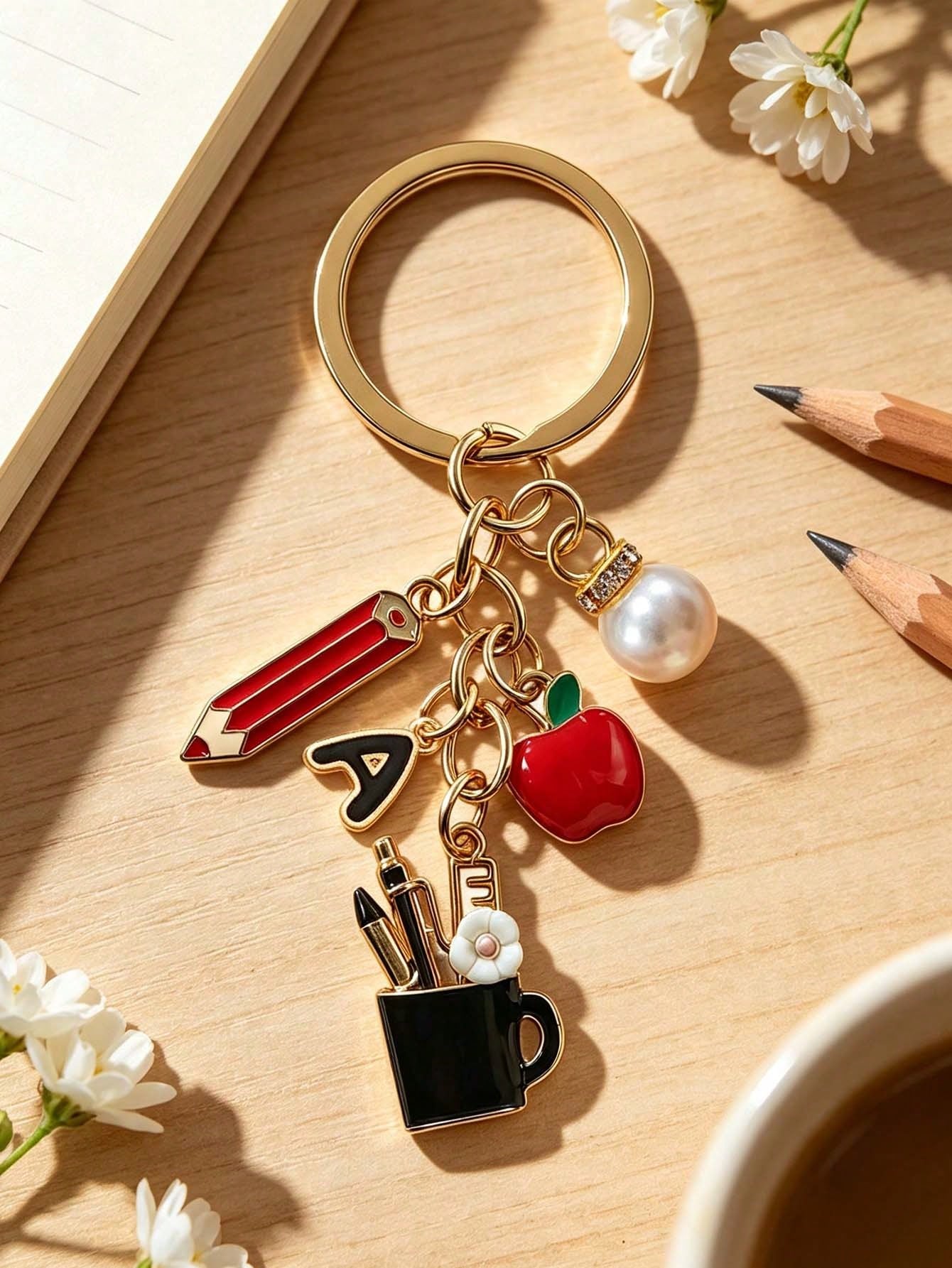 Pencil Apple Teacher Keychain With Initial, Cute Bag Charm, Teacher Appreciation Ornament, Ideal Gift For Teacher's Day, Graduation & Back To School