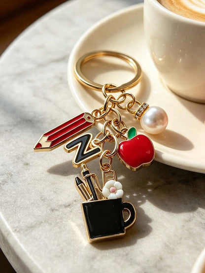 Pencil Apple Teacher Keychain With Initial, Cute Bag Charm, Teacher Appreciation Ornament, Ideal Gift For Teacher's Day, Graduation & Back To School
