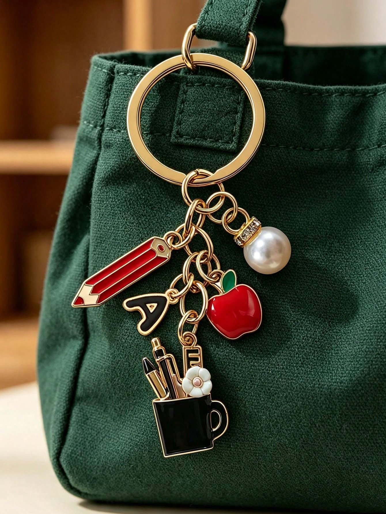 Pencil Apple Teacher Keychain With Initial, Cute Bag Charm, Teacher Appreciation Ornament, Ideal Gift For Teacher's Day, Graduation & Back To School