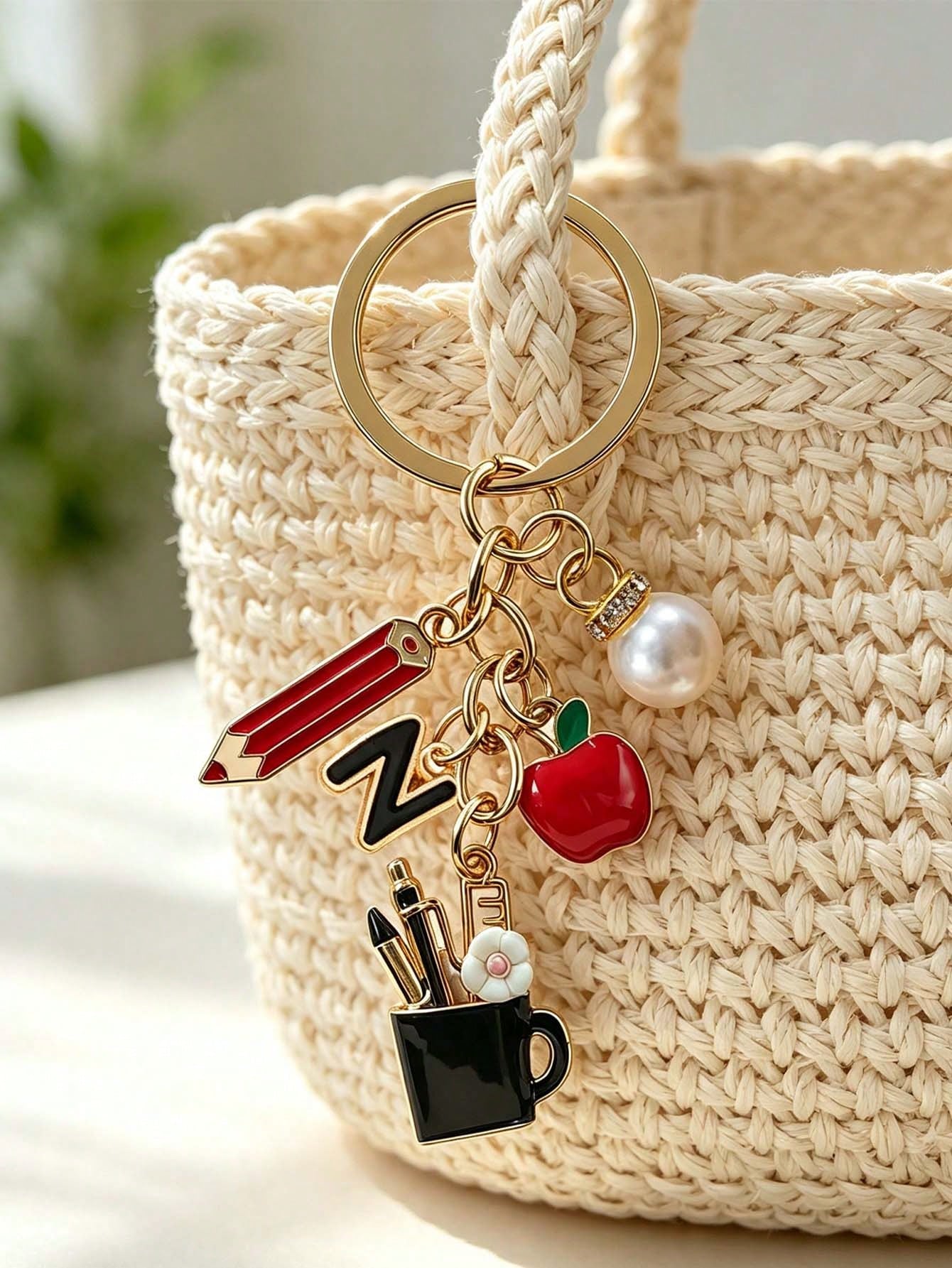 Pencil Apple Teacher Keychain With Initial, Cute Bag Charm, Teacher Appreciation Ornament, Ideal Gift For Teacher's Day, Graduation & Back To School