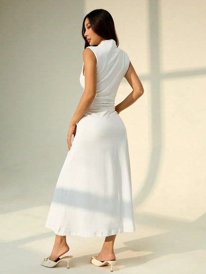 PETITE Elegant Breezy White Summer Tea Party Vacation Stand Collar Sleeveless Ruched A-Line Maxi Dress, Women's Wedding DateWork, Business Casual, Graduation