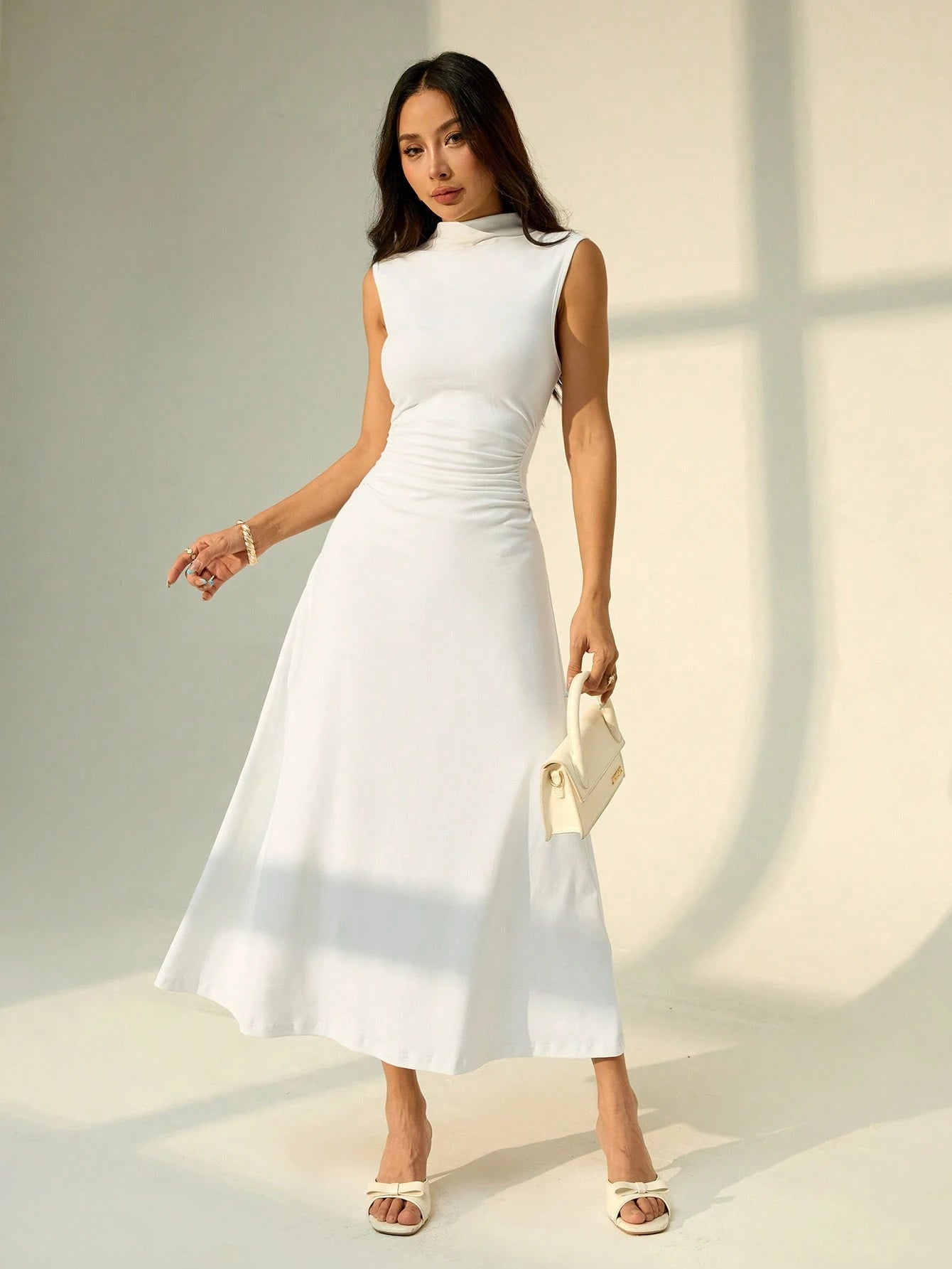 PETITE Elegant Breezy White Summer Tea Party Vacation Stand Collar Sleeveless Ruched A-Line Maxi Dress, Women's Wedding DateWork, Business Casual, Graduation