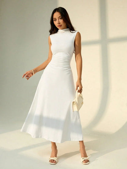PETITE Elegant Breezy White Summer Tea Party Vacation Stand Collar Sleeveless Ruched A-Line Maxi Dress, Women's Wedding DateWork, Business Casual, Graduation