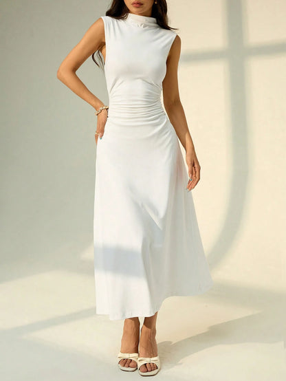 PETITE Elegant Breezy White Summer Tea Party Vacation Stand Collar Sleeveless Ruched A-Line Maxi Dress, Women's Wedding DateWork, Business Casual, Graduation