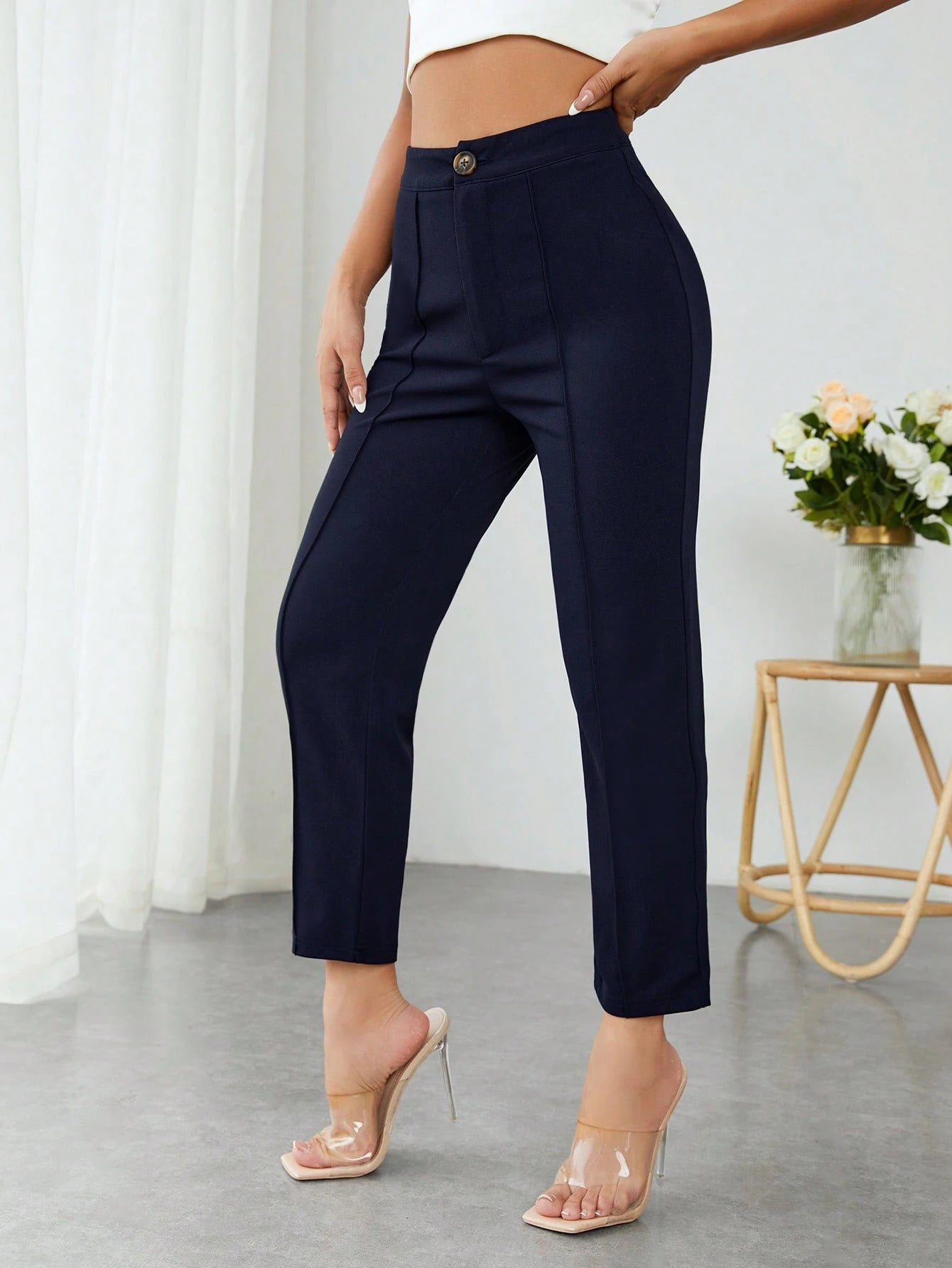 PETITE High Waist Press Crease Cropped Tapered Pants,Petite Women