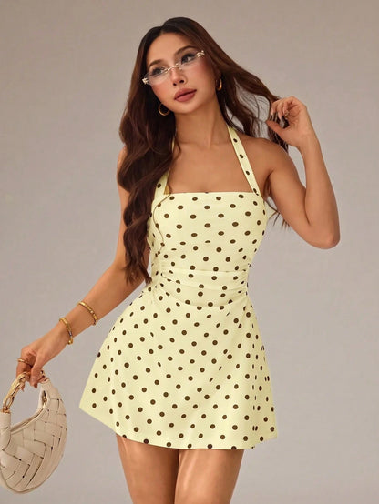 PETITE Polka Dot Pattern Women's Halter Neck Short Dress