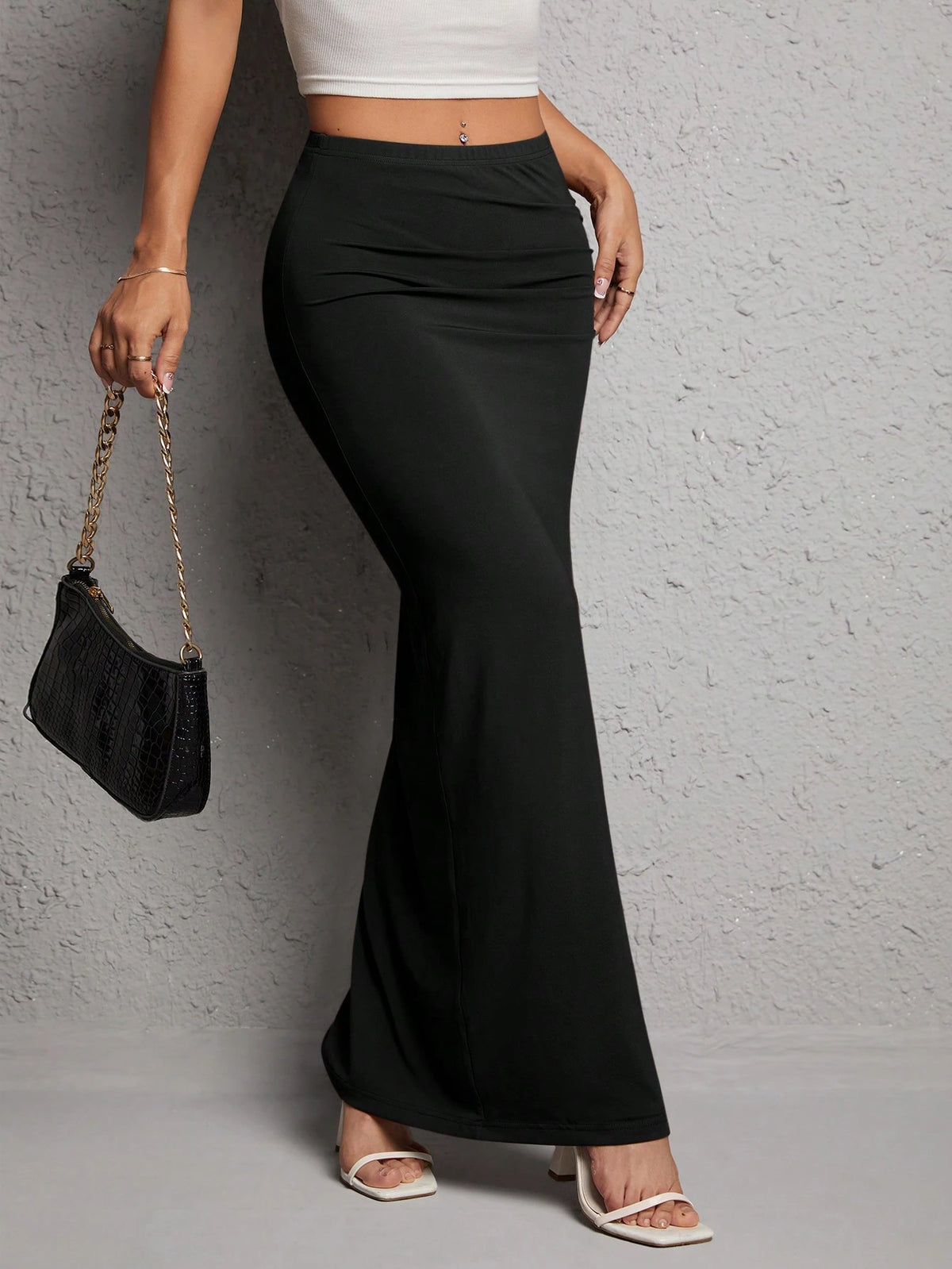 PETITE Ruched Split Thigh Party Women Black Skirt,Petite Women