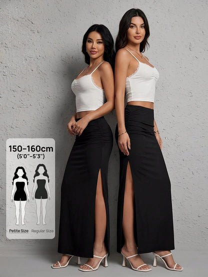 PETITE Ruched Split Thigh Party Women Black Skirt,Petite Women