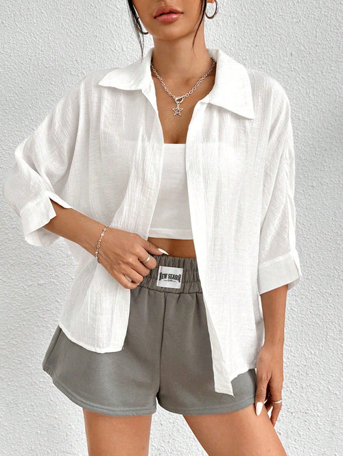 PETITE Spring White Solid Batwing Sleeve White Shirt,Three Quarter Sleeve Tops,Petite Women