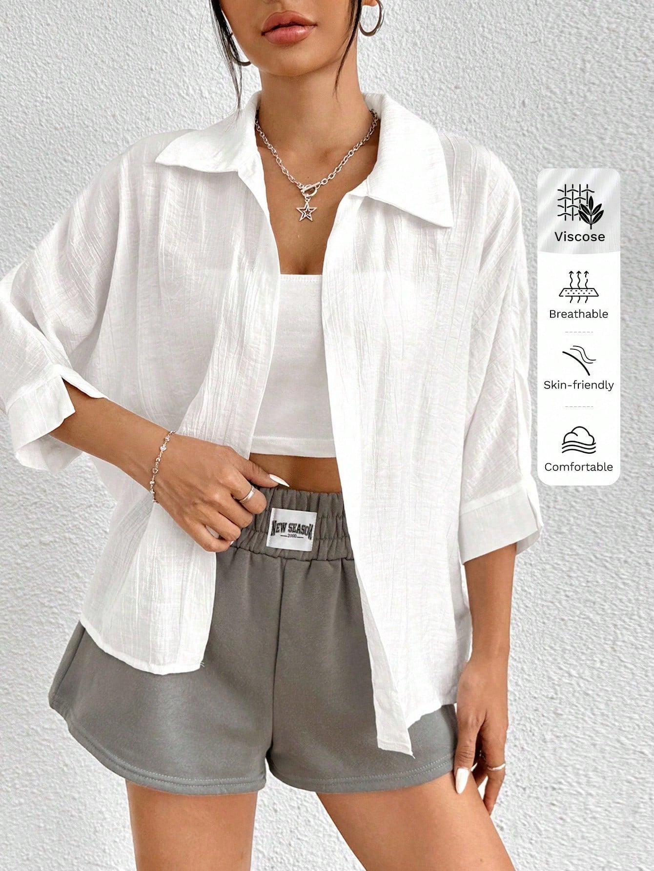 PETITE Spring White Solid Batwing Sleeve White Shirt,Three Quarter Sleeve Tops,Petite Women