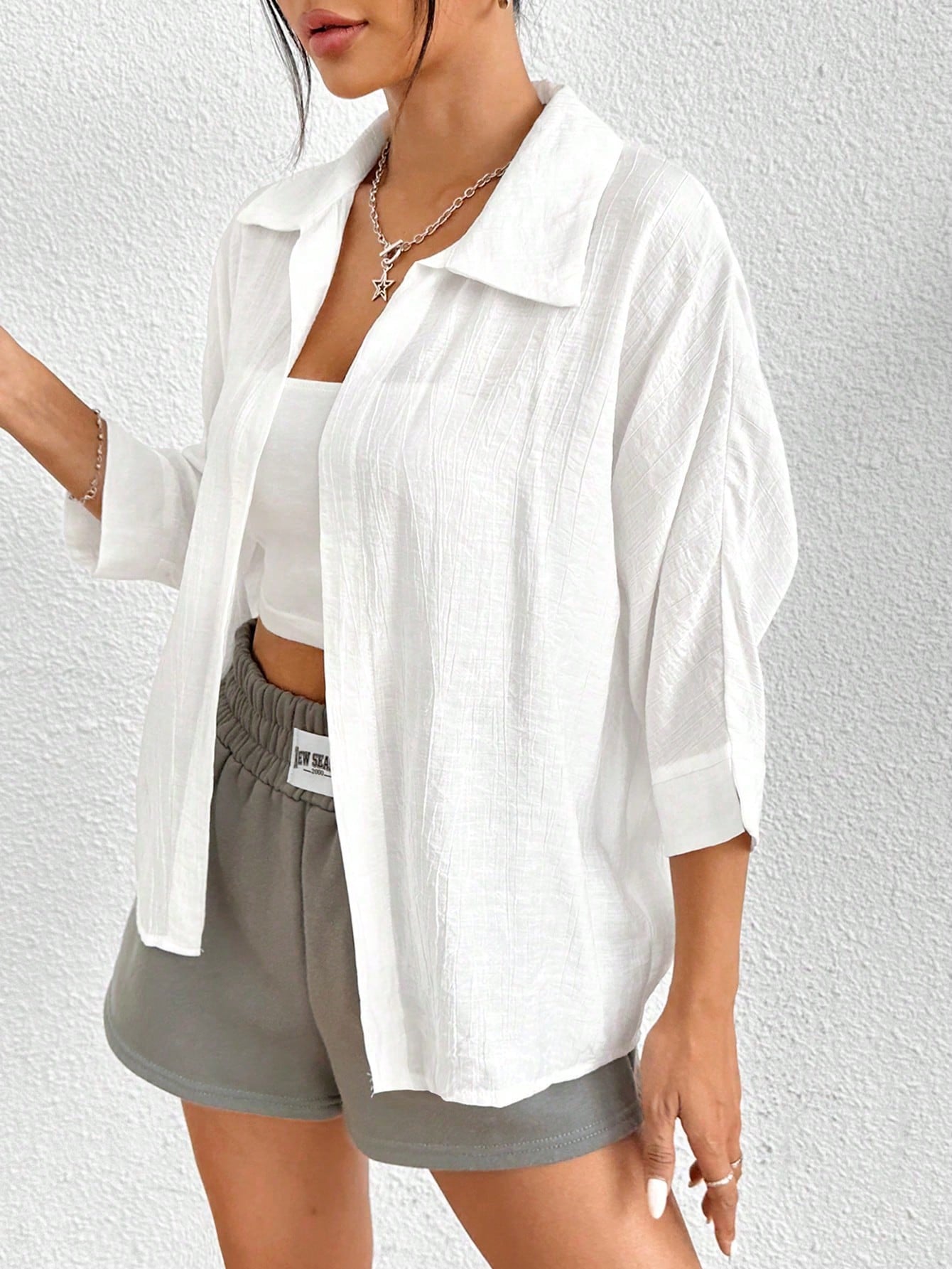 PETITE Spring White Solid Batwing Sleeve White Shirt,Three Quarter Sleeve Tops,Petite Women