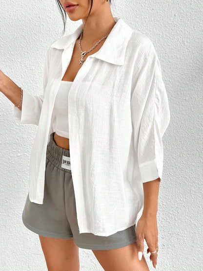 PETITE Spring White Solid Batwing Sleeve White Shirt,Three Quarter Sleeve Tops,Petite Women