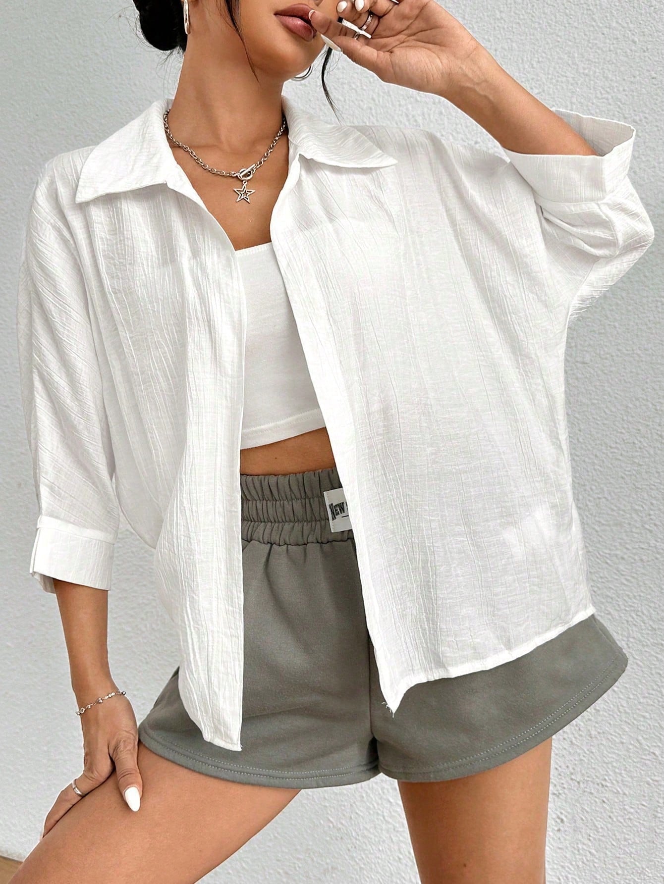 PETITE Spring White Solid Batwing Sleeve White Shirt,Three Quarter Sleeve Tops,Petite Women