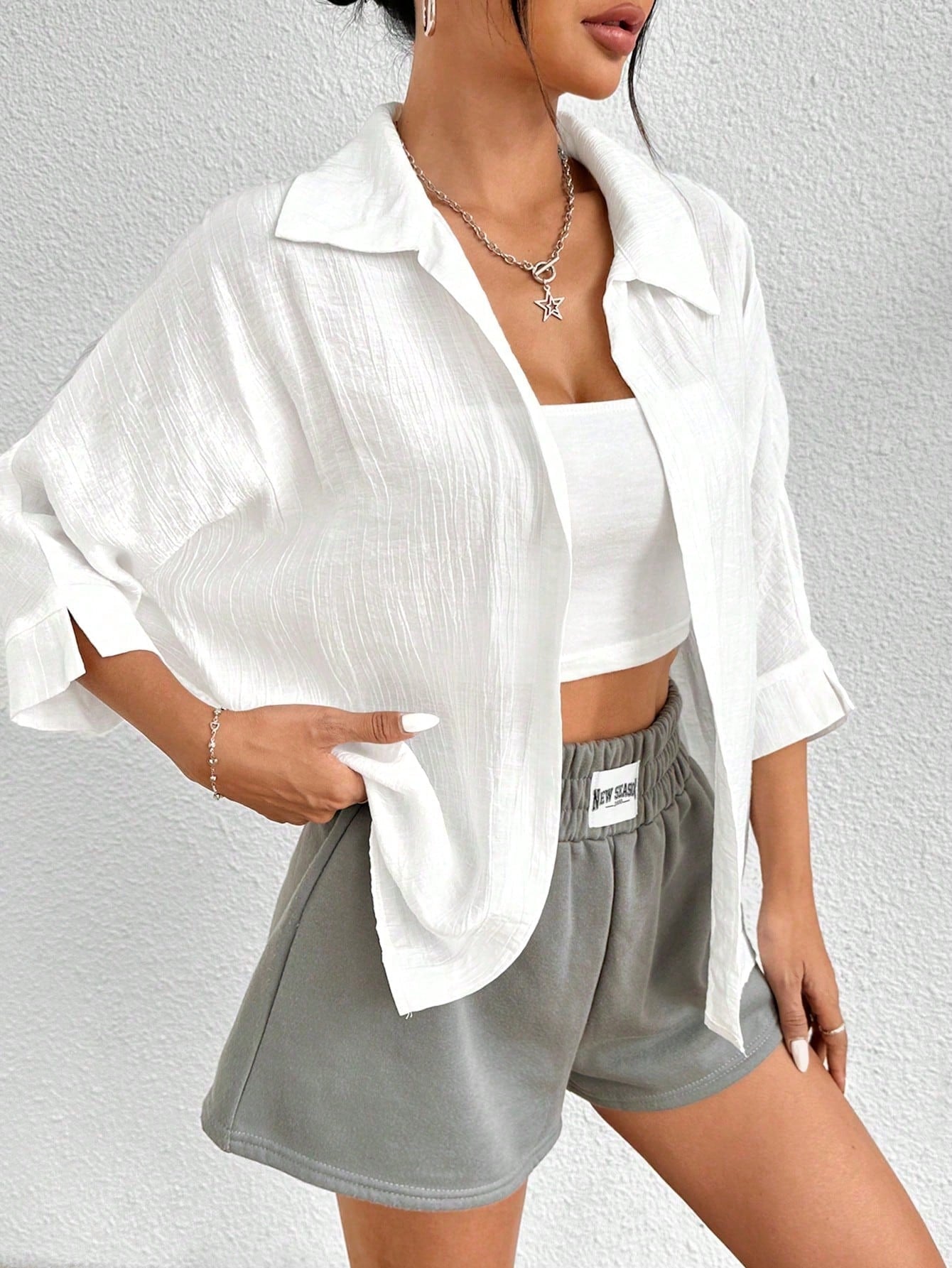 PETITE Spring White Solid Batwing Sleeve White Shirt,Three Quarter Sleeve Tops,Petite Women