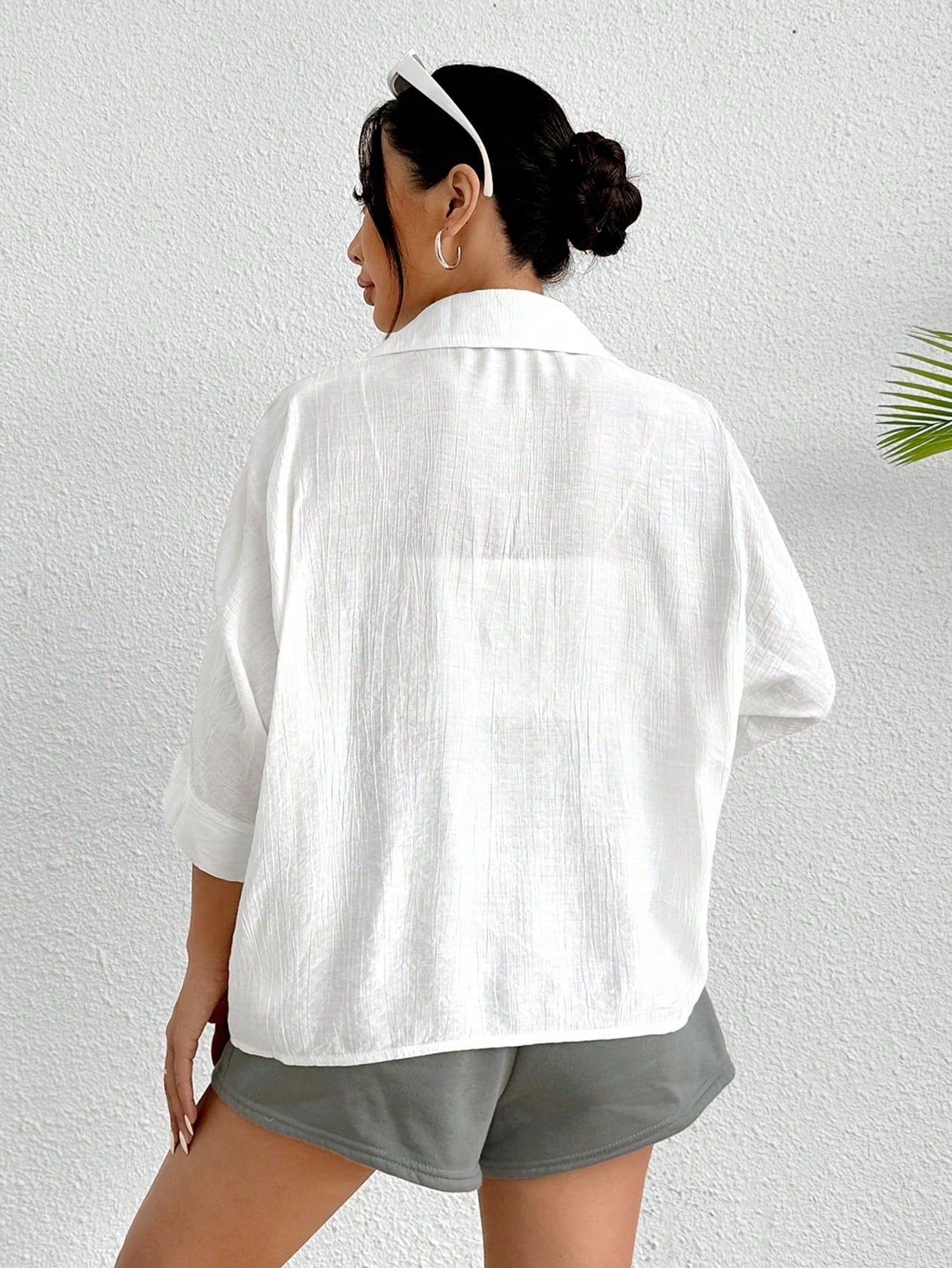 PETITE Spring White Solid Batwing Sleeve White Shirt,Three Quarter Sleeve Tops,Petite Women