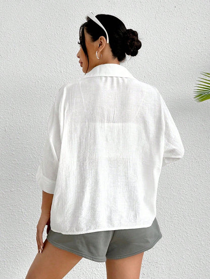 PETITE Spring White Solid Batwing Sleeve White Shirt,Three Quarter Sleeve Tops,Petite Women