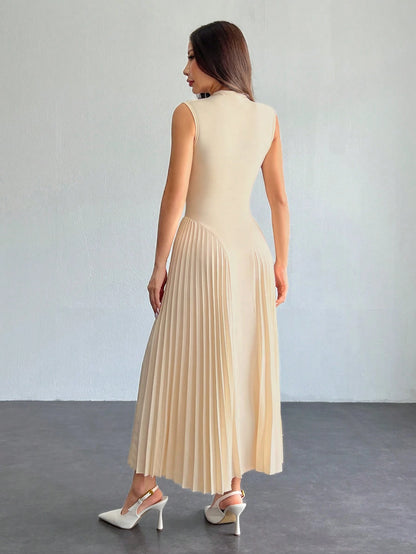 PETITE Women Elegant Minimalist Pleated Tight-Fitting A-Line Dress, Summer Tea Party Garden Party Date Beige Graduation Business Casual Petite