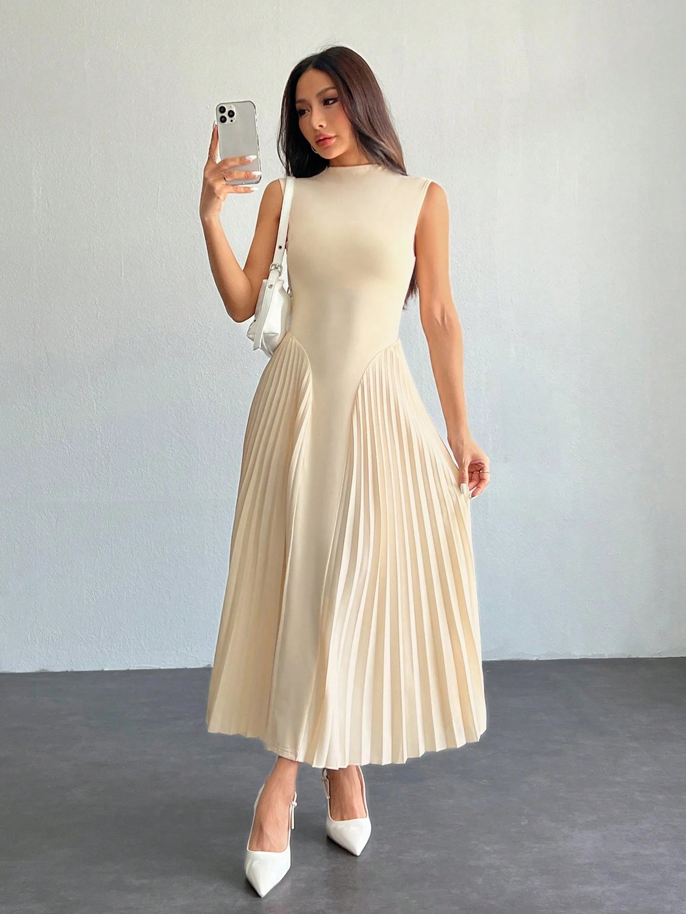 PETITE Women Elegant Minimalist Pleated Tight-Fitting A-Line Dress, Summer Tea Party Garden Party Date Beige Graduation Business Casual Petite