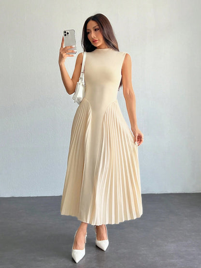 PETITE Women Elegant Minimalist Pleated Tight-Fitting A-Line Dress, Summer Tea Party Garden Party Date Beige Graduation Business Casual Petite