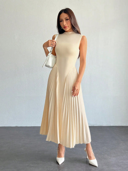 PETITE Women Elegant Minimalist Pleated Tight-Fitting A-Line Dress, Summer Tea Party Garden Party Date Beige Graduation Business Casual Petite
