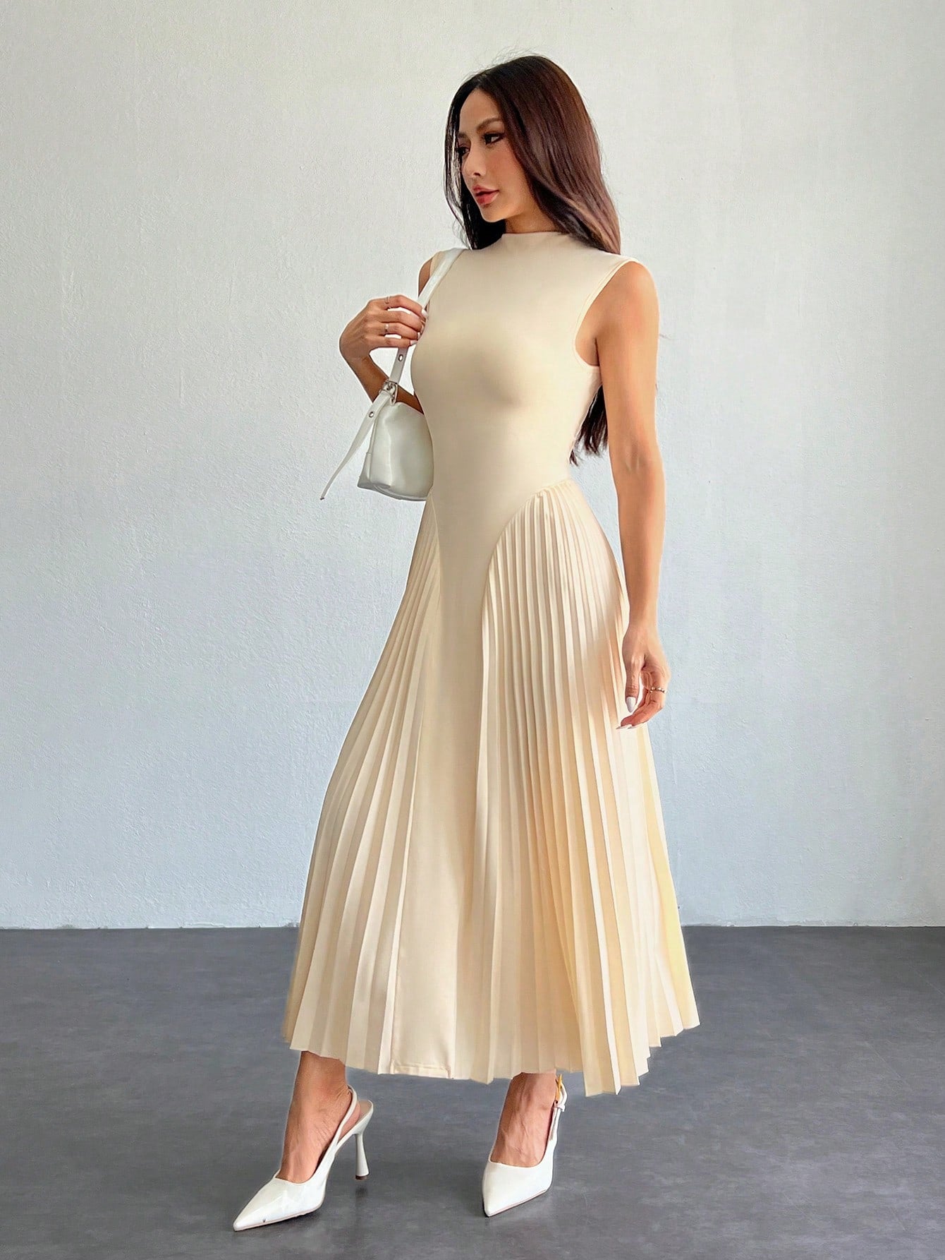 PETITE Women Elegant Minimalist Pleated Tight-Fitting A-Line Dress, Summer Tea Party Garden Party Date Beige Graduation Business Casual Petite