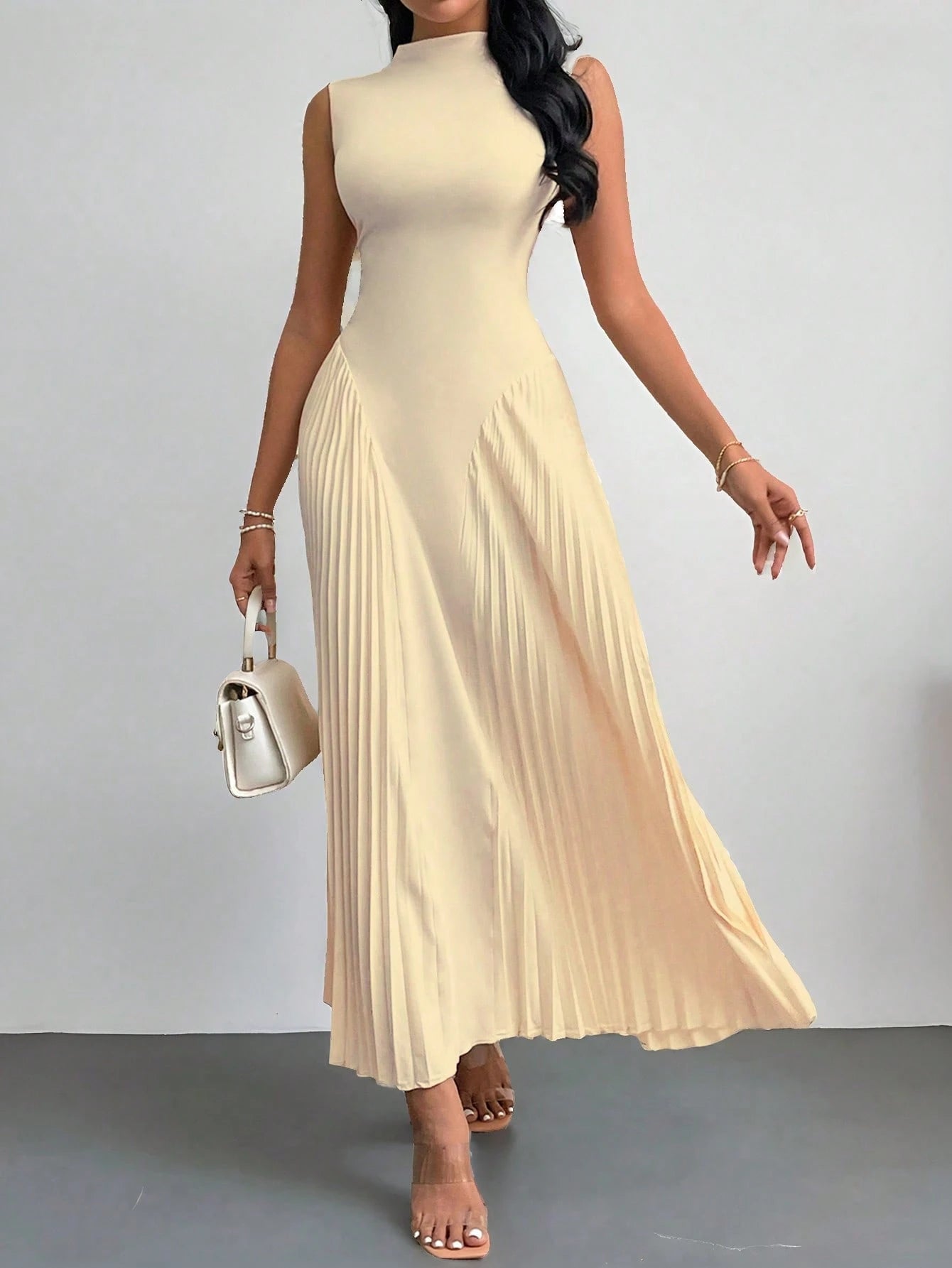 PETITE Women Elegant Minimalist Pleated Tight-Fitting A-Line Dress, Summer Tea Party Garden Party Date Beige Graduation Business Casual Petite