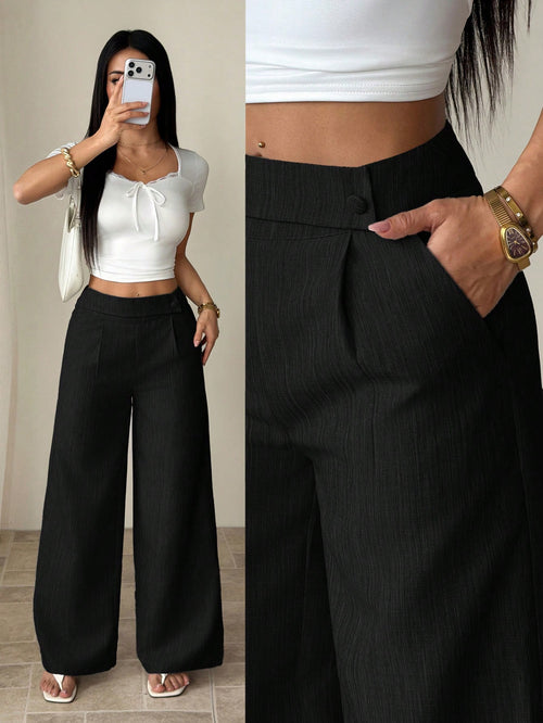 PETITE Women's Black Summer Casual Office Elegant Straight Leg Pants,Bamboo Fabric Waist Front Overlay Buckle Design Professional Teacher Uniform Versatile,Petite Women