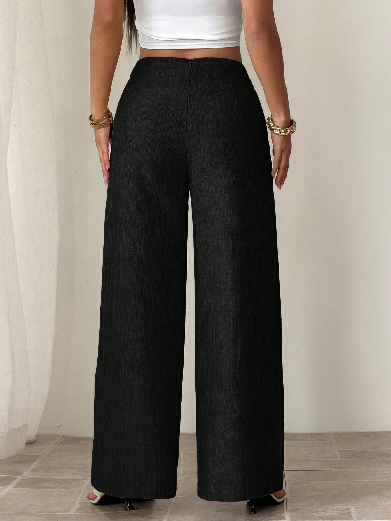 PETITE Women's Black Summer Casual Office Elegant Straight Leg Pants,Bamboo Fabric Waist Front Overlay Buckle Design Professional Teacher Uniform Versatile,Petite Women