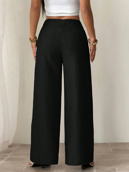 PETITE Women's Black Summer Casual Office Elegant Straight Leg Pants,Bamboo Fabric Waist Front Overlay Buckle Design Professional Teacher Uniform Versatile,Petite Women