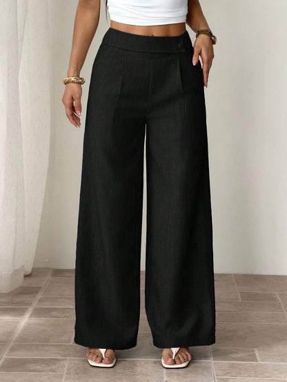 PETITE Women's Black Summer Casual Office Elegant Straight Leg Pants,Bamboo Fabric Waist Front Overlay Buckle Design Professional Teacher Uniform Versatile,Petite Women