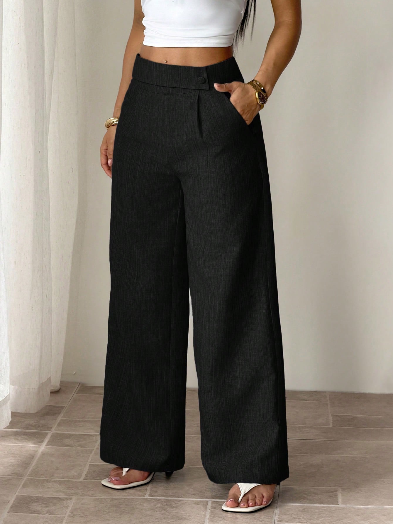 PETITE Women's Black Summer Casual Office Elegant Straight Leg Pants,Bamboo Fabric Waist Front Overlay Buckle Design Professional Teacher Uniform Versatile,Petite Women