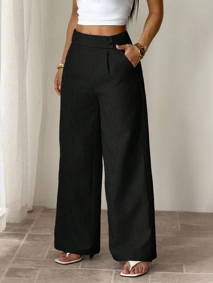 PETITE Women's Black Summer Casual Office Elegant Straight Leg Pants,Bamboo Fabric Waist Front Overlay Buckle Design Professional Teacher Uniform Versatile,Petite Women