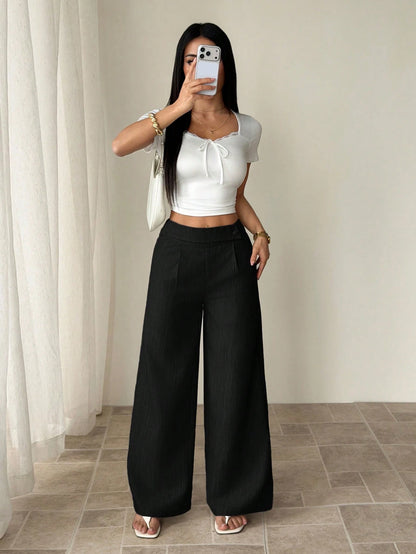 PETITE Women's Black Summer Casual Office Elegant Straight Leg Pants,Bamboo Fabric Waist Front Overlay Buckle Design Professional Teacher Uniform Versatile,Petite Women