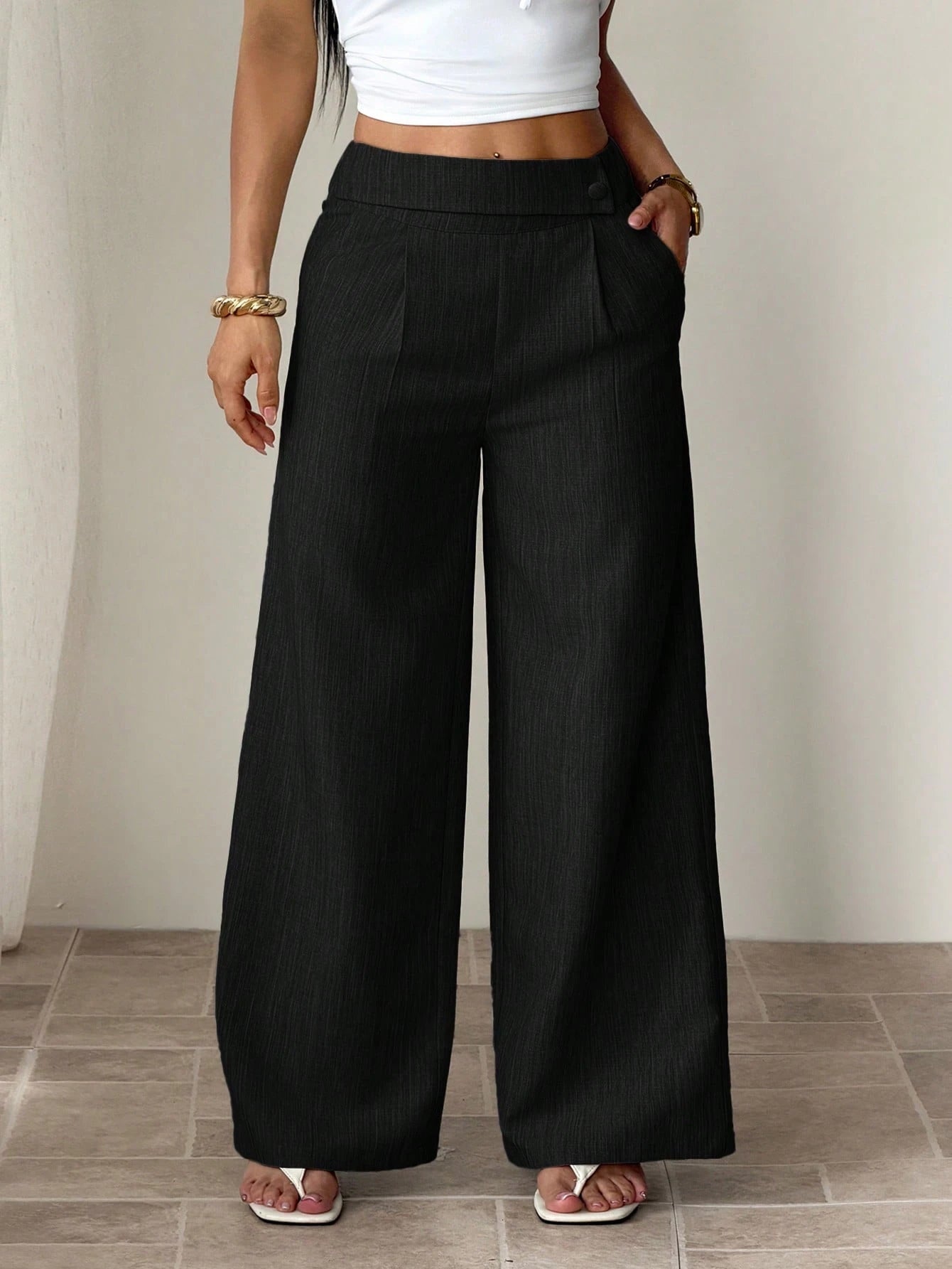 PETITE Women's Black Summer Casual Office Elegant Straight Leg Pants,Bamboo Fabric Waist Front Overlay Buckle Design Professional Teacher Uniform Versatile,Petite Women