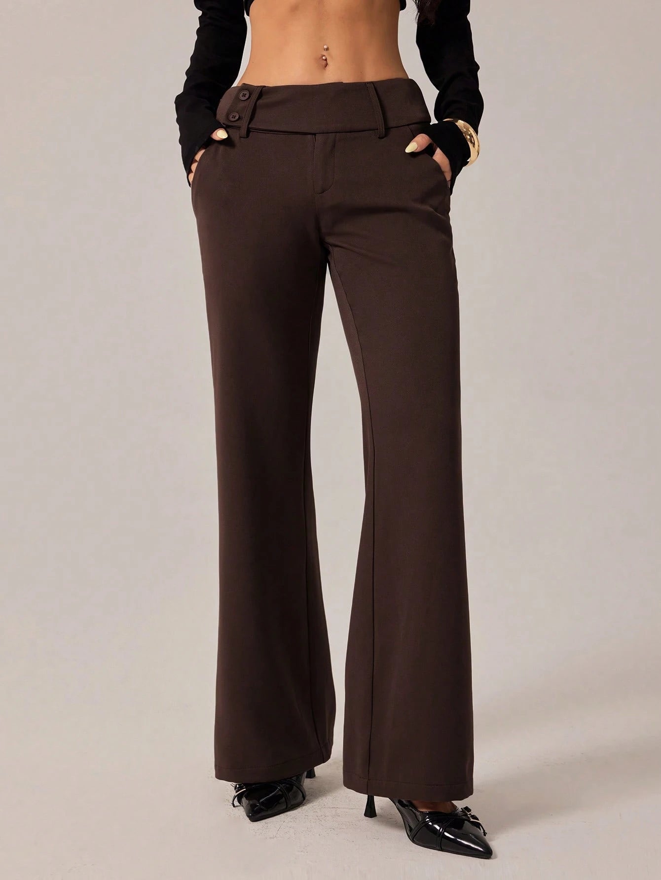 PETITE Women's Brown Autumn Business Casual Elegant Office Flare Leg Pants, Retro Pocket Old Money Chocolate Flared Trousers, Back To School Fashion, Petite