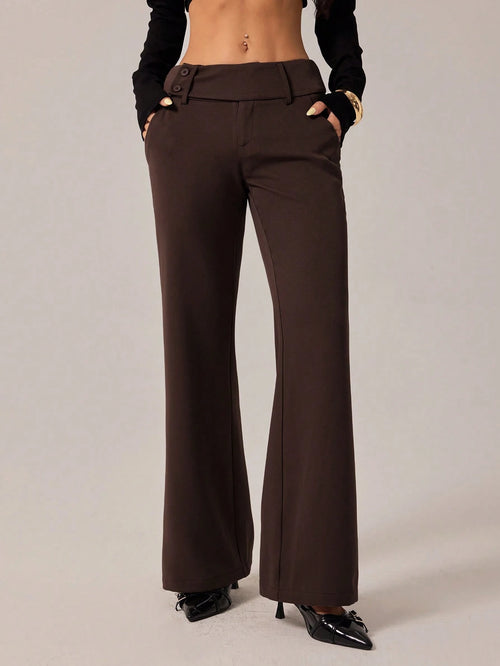 PETITE Women's Brown Autumn Business Casual Elegant Office Flare Leg Pants, Retro Pocket Old Money Chocolate Flared Trousers, Back To School Fashion, Petite
