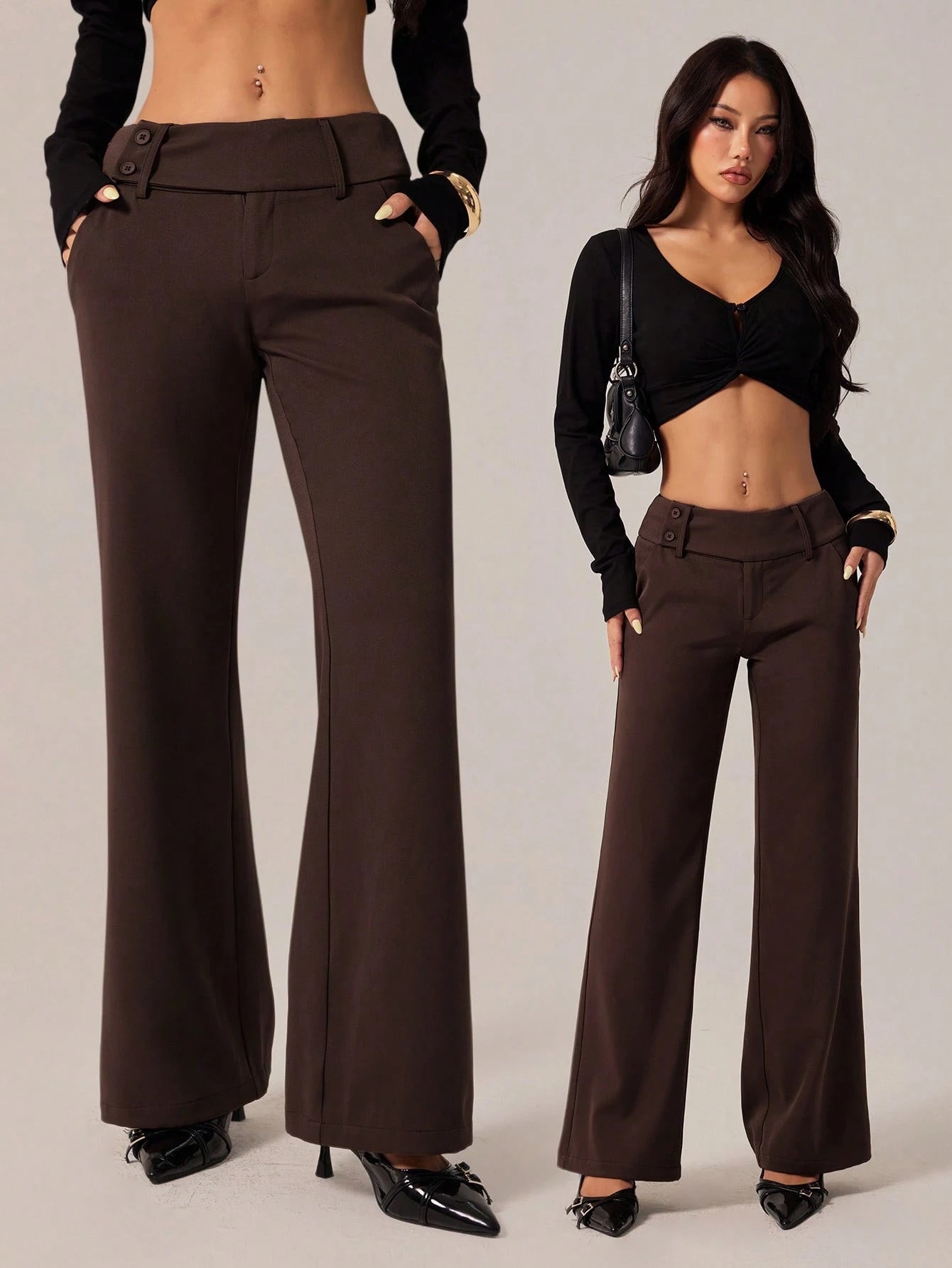 PETITE Women's Brown Autumn Business Casual Elegant Office Flare Leg Pants, Retro Pocket Old Money Chocolate Flared Trousers, Back To School Fashion, Petite