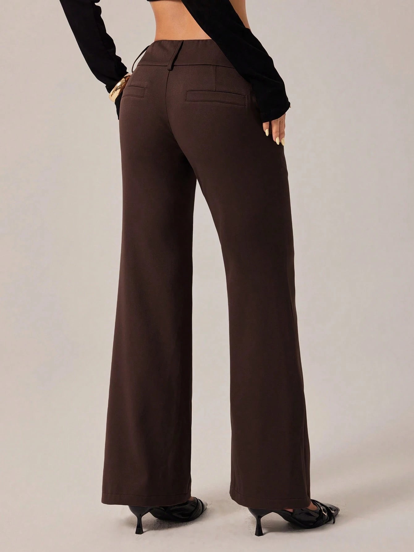 PETITE Women's Brown Autumn Business Casual Elegant Office Flare Leg Pants, Retro Pocket Old Money Chocolate Flared Trousers, Back To School Fashion, Petite