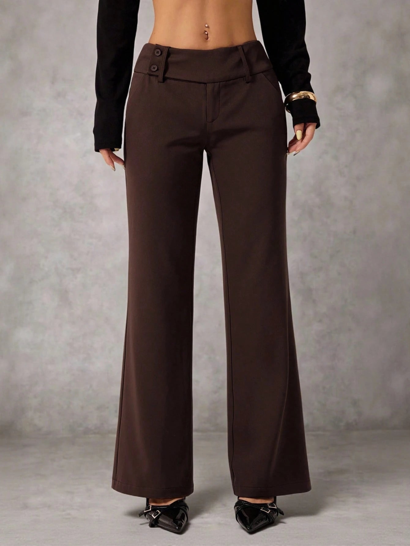 PETITE Women's Brown Autumn Business Casual Elegant Office Flare Leg Pants, Retro Pocket Old Money Chocolate Flared Trousers, Back To School Fashion, Petite