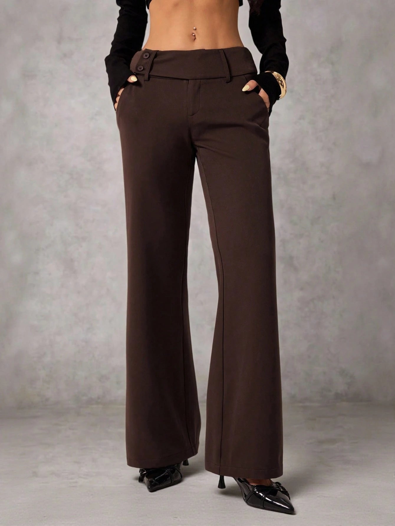 PETITE Women's Brown Autumn Business Casual Elegant Office Flare Leg Pants, Retro Pocket Old Money Chocolate Flared Trousers, Back To School Fashion, Petite