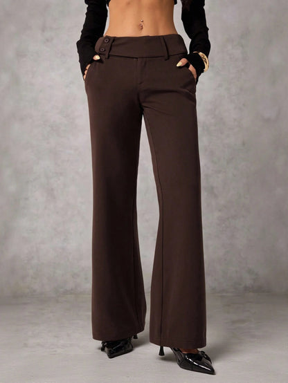PETITE Women's Brown Autumn Business Casual Elegant Office Flare Leg Pants, Retro Pocket Old Money Chocolate Flared Trousers, Back To School Fashion, Petite