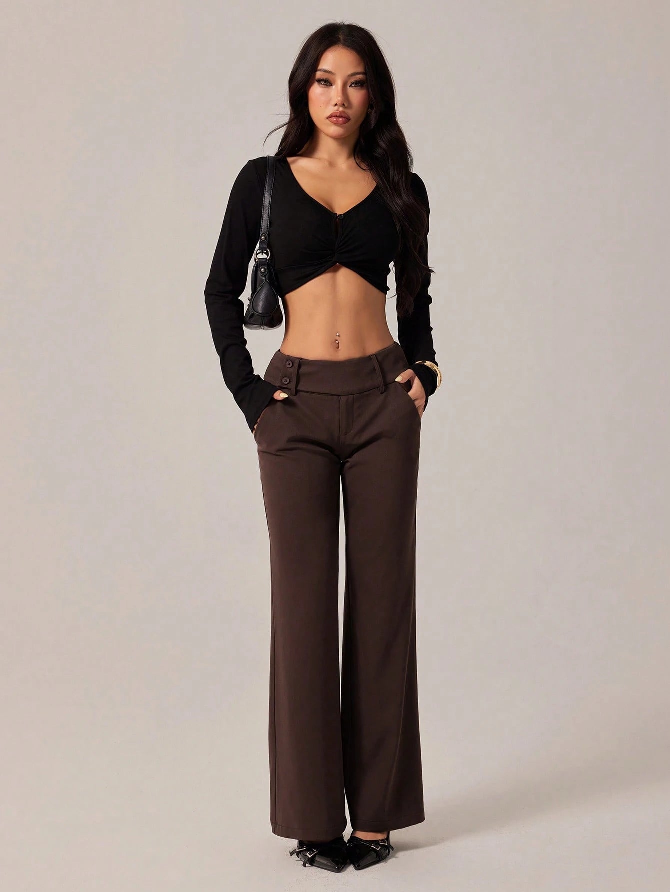 PETITE Women's Brown Autumn Business Casual Elegant Office Flare Leg Pants, Retro Pocket Old Money Chocolate Flared Trousers, Back To School Fashion, Petite